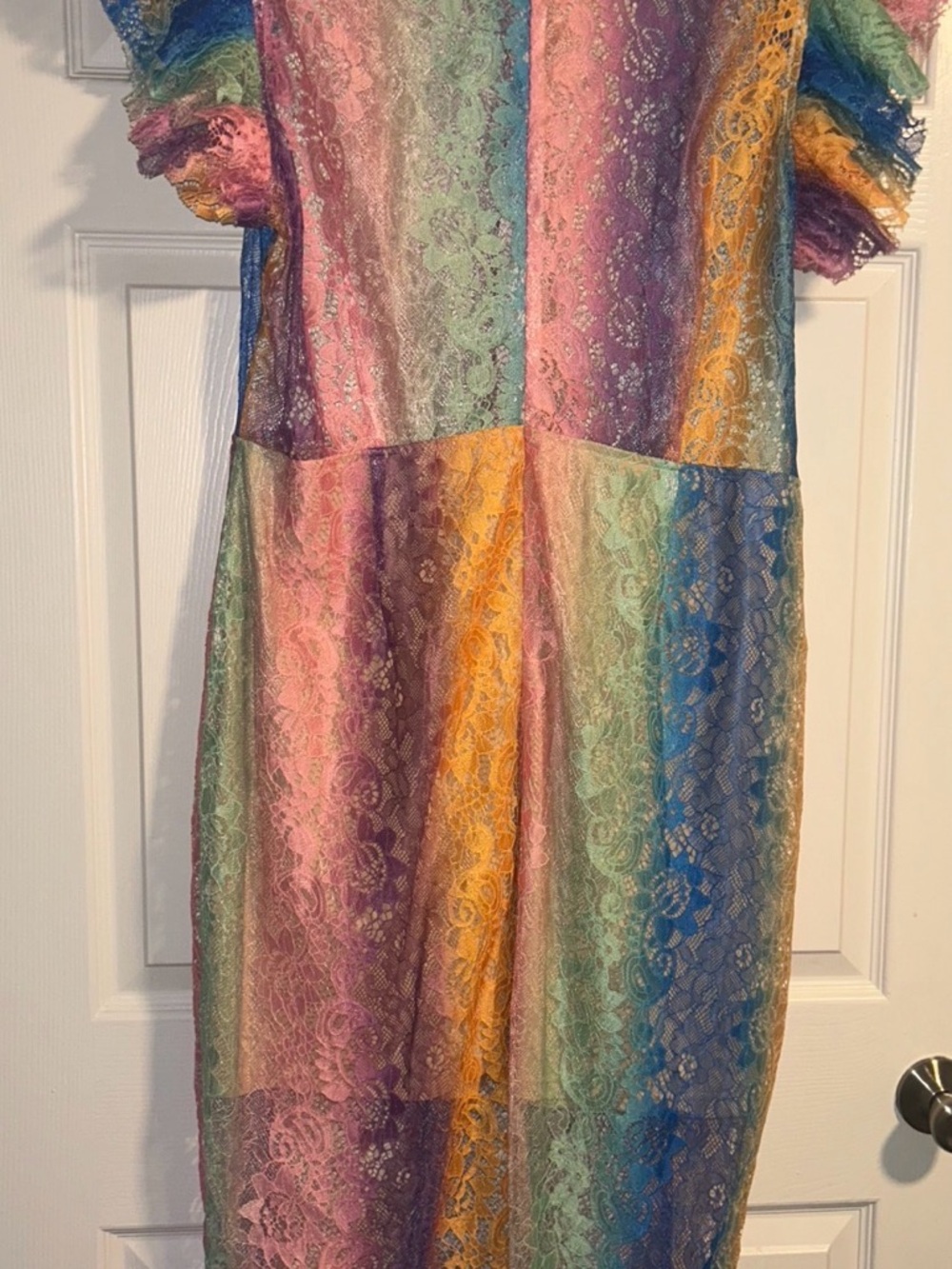 Curvy Rainbow Lace Midi Dress with Ruffle Sleeves - Multicolor - Picture 10 of 10